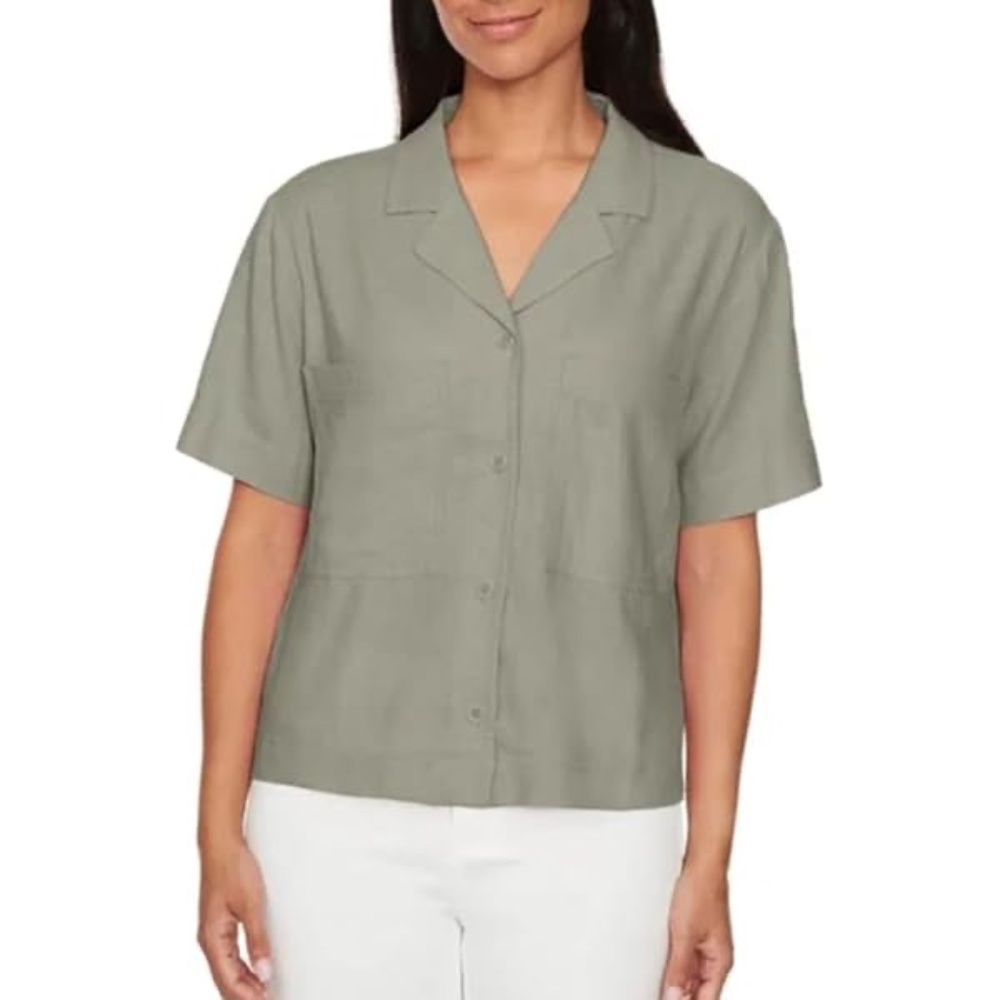 Buffalo David Bitton Women's Linen Blend Short Sleeve Top Light Olive